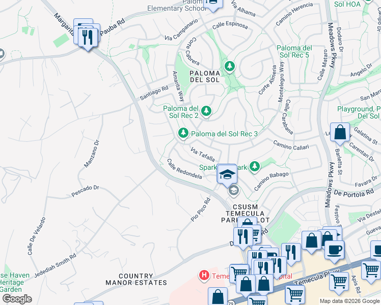 map of restaurants, bars, coffee shops, grocery stores, and more near 31870 Via Tafalla in Temecula