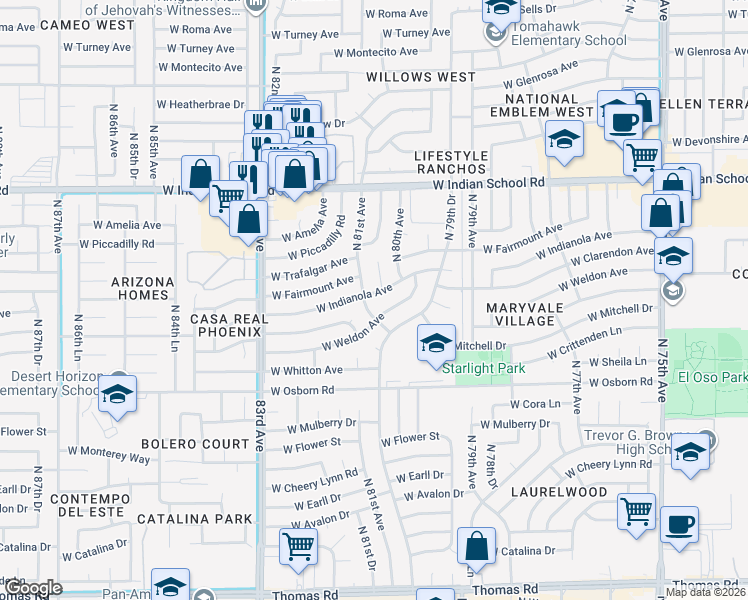 map of restaurants, bars, coffee shops, grocery stores, and more near 8035 West Indianola Avenue in Phoenix
