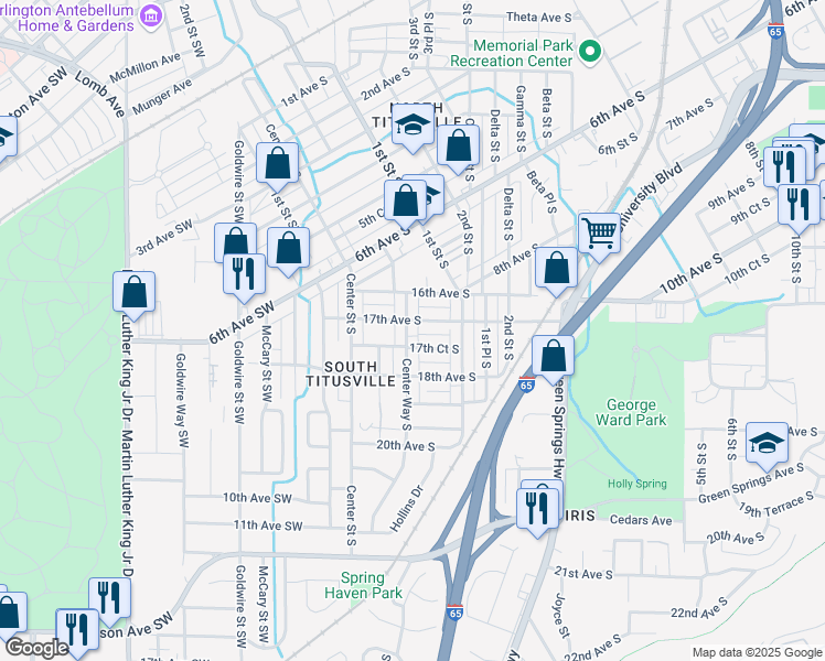 map of restaurants, bars, coffee shops, grocery stores, and more near 1704 Center Way South in Birmingham