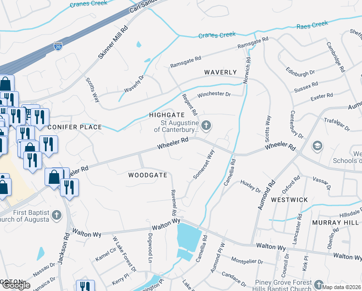 map of restaurants, bars, coffee shops, grocery stores, and more near 3340 Wheeler Road in Augusta