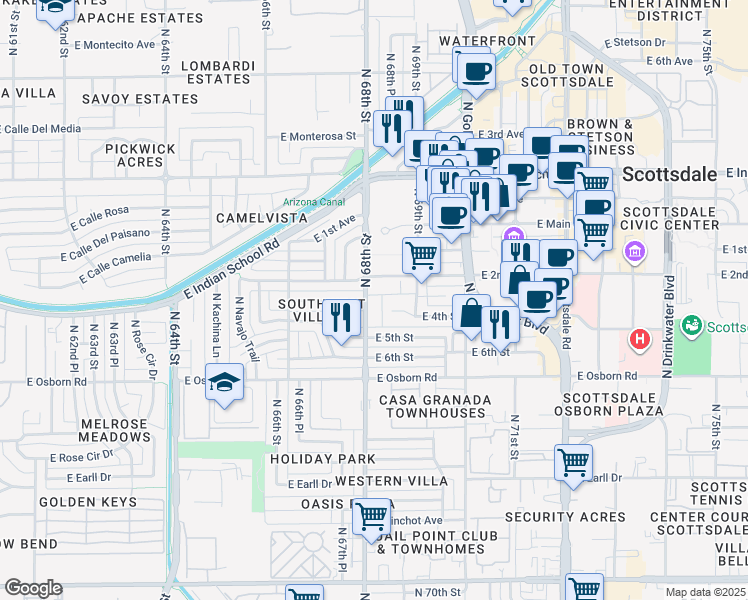 map of restaurants, bars, coffee shops, grocery stores, and more near 3635 North 68th Street in Scottsdale