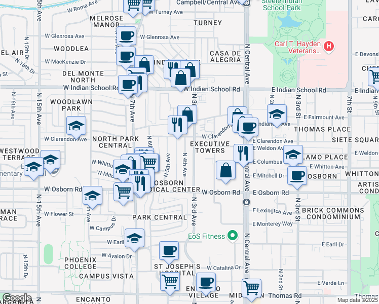 map of restaurants, bars, coffee shops, grocery stores, and more near 3701 North 4th Avenue in Phoenix