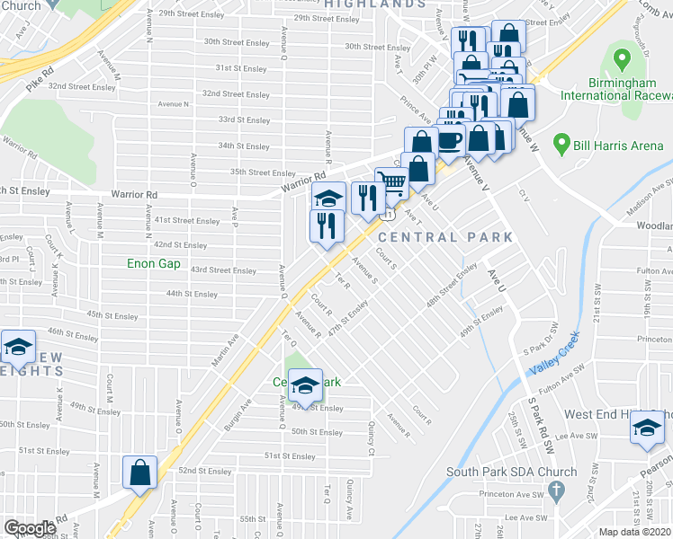 map of restaurants, bars, coffee shops, grocery stores, and more near 1845 Bessemer Road in Birmingham