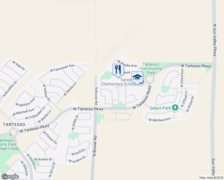 map of restaurants, bars, coffee shops, grocery stores, and more near 3819 North 298th Avenue in Buckeye