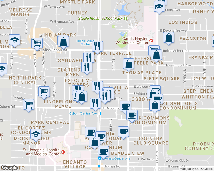 map of restaurants, bars, coffee shops, grocery stores, and more near 25 East Weldon Avenue in Phoenix