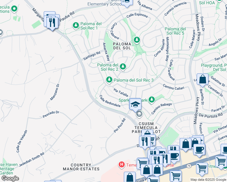 map of restaurants, bars, coffee shops, grocery stores, and more near 31853 Via Tafalla in Temecula
