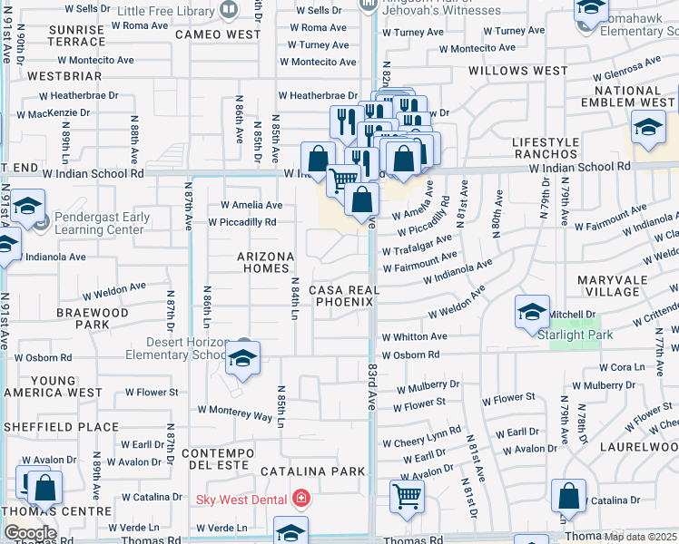 map of restaurants, bars, coffee shops, grocery stores, and more near 8322 West Fairmount Avenue in Phoenix