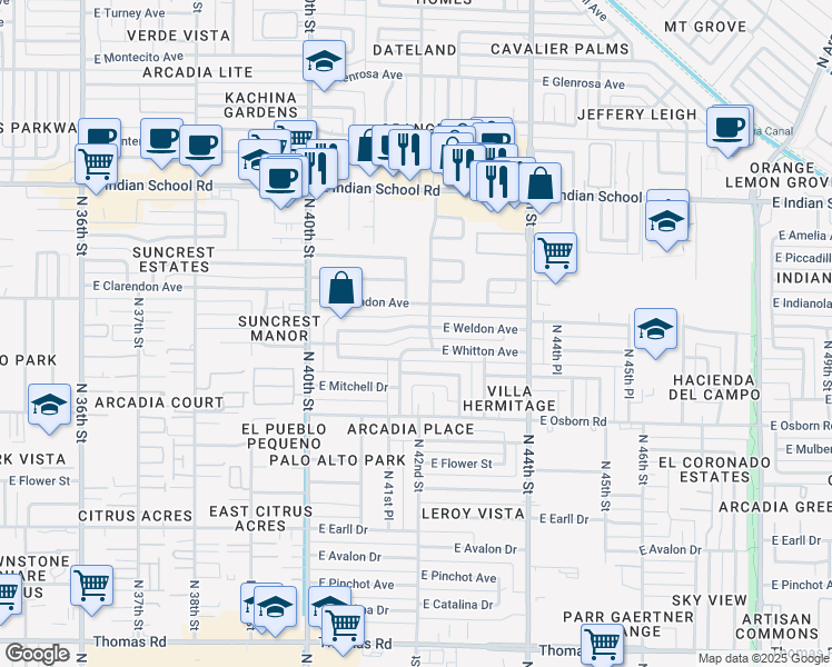 map of restaurants, bars, coffee shops, grocery stores, and more near 4209 East Weldon Avenue in Phoenix
