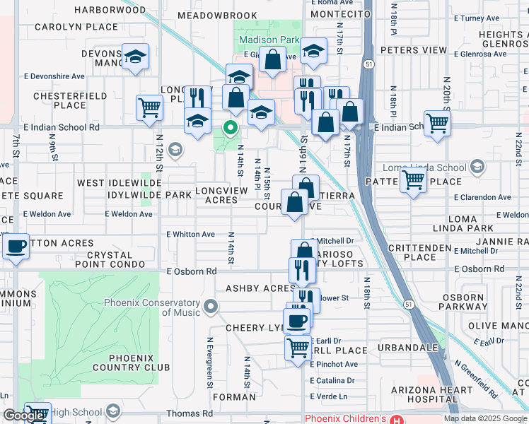 map of restaurants, bars, coffee shops, grocery stores, and more near 3702 North 15th Street in Phoenix