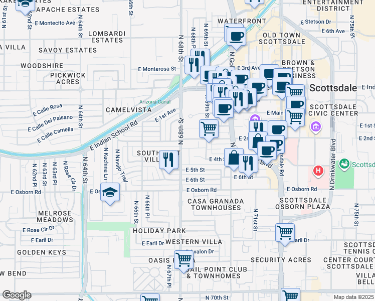 map of restaurants, bars, coffee shops, grocery stores, and more near 3635 North 68th Street in Scottsdale