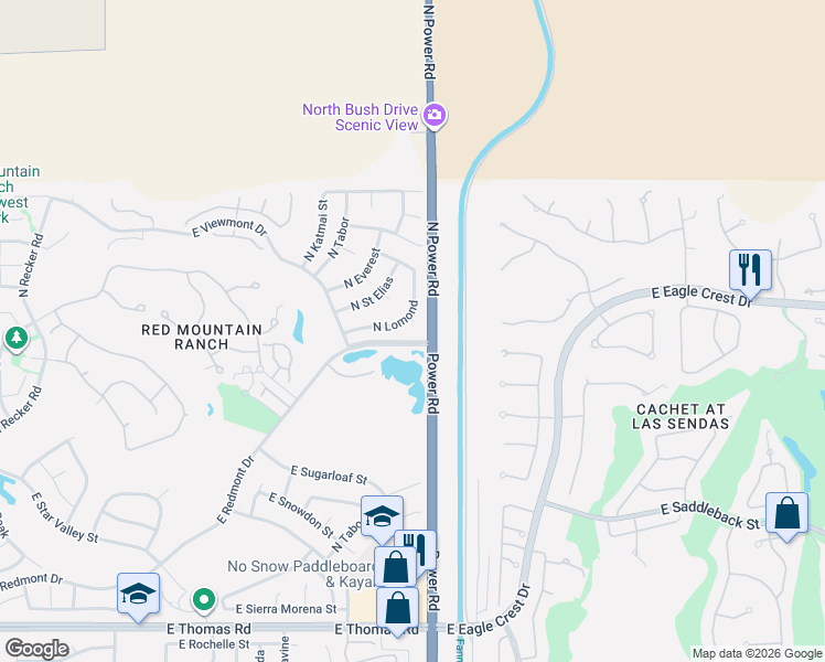 map of restaurants, bars, coffee shops, grocery stores, and more near 4108 North Power Road in Mesa