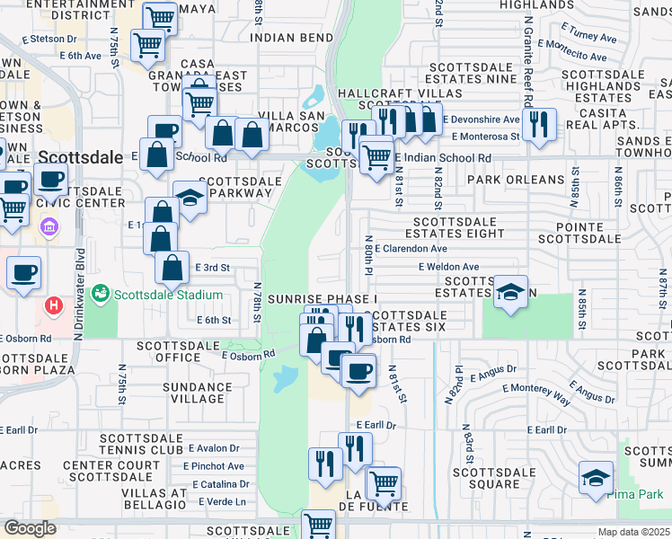 map of restaurants, bars, coffee shops, grocery stores, and more near 3619 North Hayden Road in Scottsdale