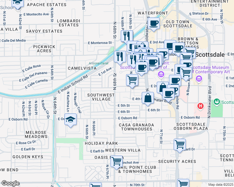 map of restaurants, bars, coffee shops, grocery stores, and more near 3635 North 68th Street in Scottsdale