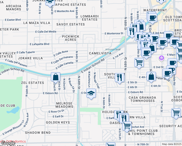 map of restaurants, bars, coffee shops, grocery stores, and more near 3632 North Navajo Trail in Scottsdale