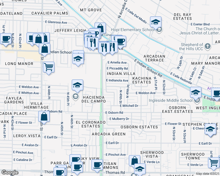 map of restaurants, bars, coffee shops, grocery stores, and more near 4821 East Clarendon Avenue in Phoenix
