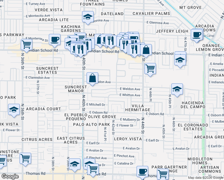 map of restaurants, bars, coffee shops, grocery stores, and more near 4209 East Weldon Avenue in Phoenix