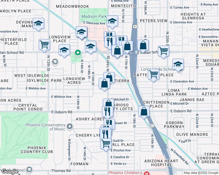 map of restaurants, bars, coffee shops, grocery stores, and more near 3625 North 16th Street in Phoenix