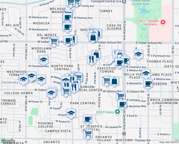 map of restaurants, bars, coffee shops, grocery stores, and more near 3629 North 5th Avenue in Phoenix