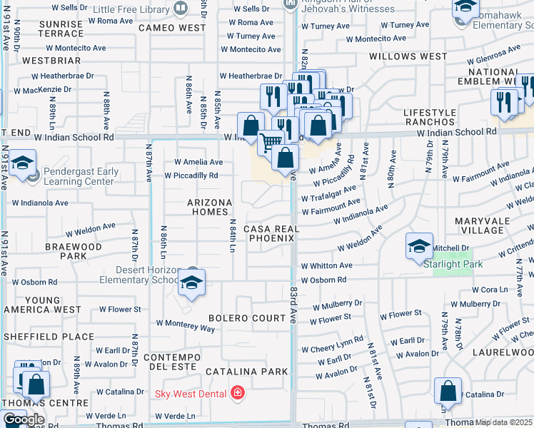 map of restaurants, bars, coffee shops, grocery stores, and more near 8322 West Fairmount Avenue in Phoenix