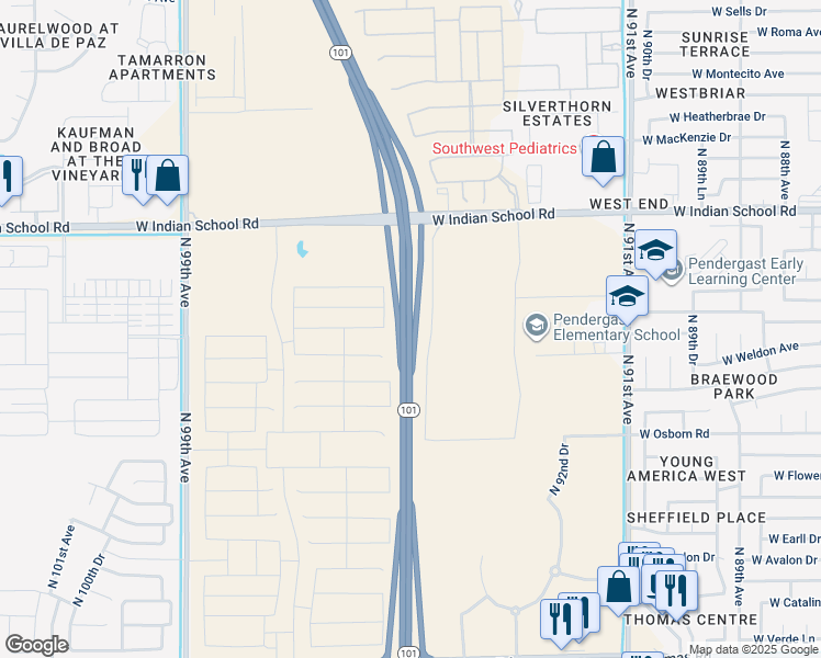 map of restaurants, bars, coffee shops, grocery stores, and more near 3401-4399 Agua Fria Fwy in Phoenix