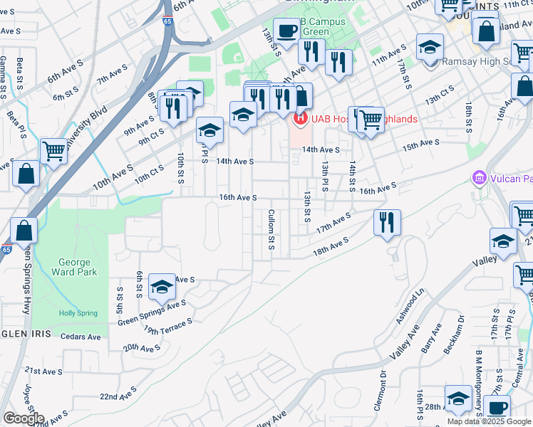 map of restaurants, bars, coffee shops, grocery stores, and more near 1603 Cullom Street South in Birmingham