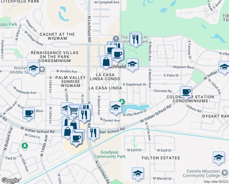 map of restaurants, bars, coffee shops, grocery stores, and more near 220 Old Litchfield Road in Litchfield Park