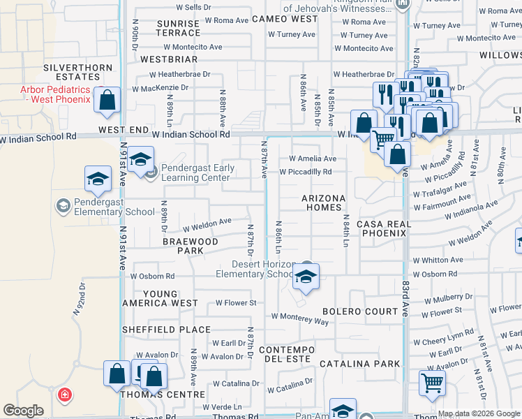 map of restaurants, bars, coffee shops, grocery stores, and more near 8701 West Clarendon Avenue in Phoenix
