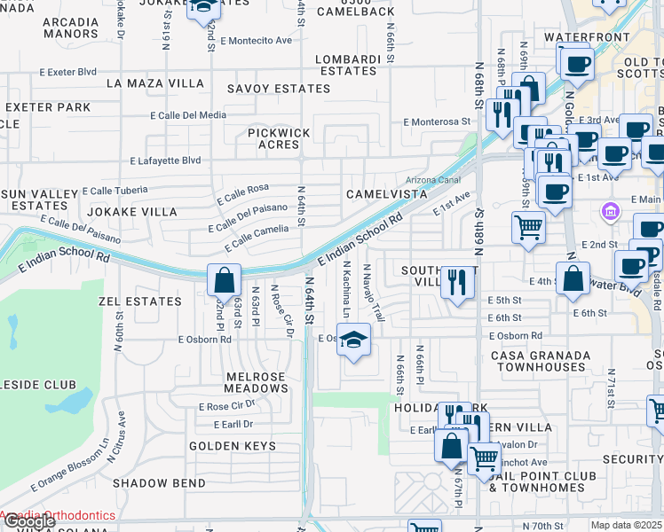 map of restaurants, bars, coffee shops, grocery stores, and more near 6427 East Indian School Road in Scottsdale