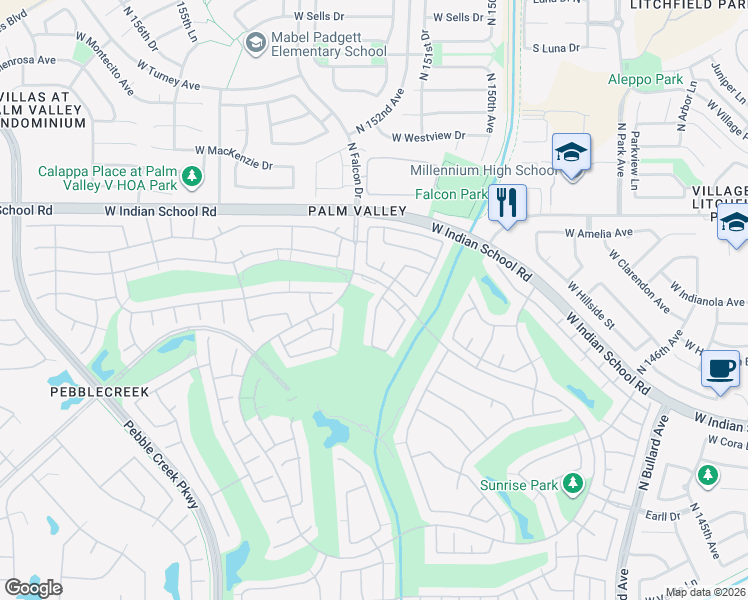 map of restaurants, bars, coffee shops, grocery stores, and more near 3806 N 151st Ave in Goodyear