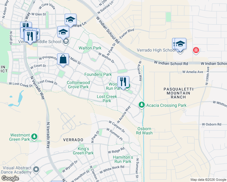 map of restaurants, bars, coffee shops, grocery stores, and more near 3825 North Denny Way in Buckeye
