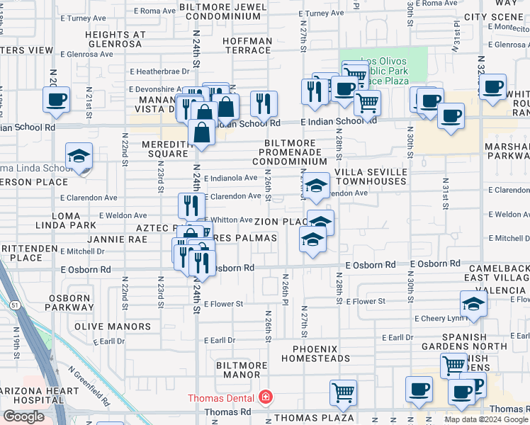 map of restaurants, bars, coffee shops, grocery stores, and more near 2542 East Whitton Avenue in Phoenix