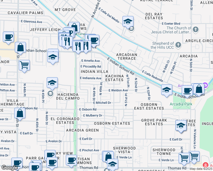 map of restaurants, bars, coffee shops, grocery stores, and more near 3714 North 50th Street in Phoenix