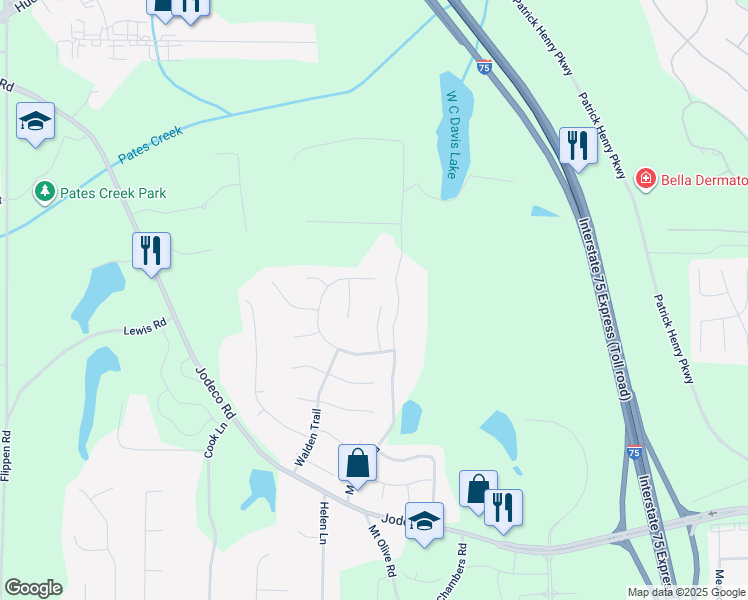 map of restaurants, bars, coffee shops, grocery stores, and more near 729 Fieldstream Way in Stockbridge