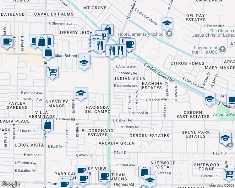 map of restaurants, bars, coffee shops, grocery stores, and more near 4821 East Clarendon Avenue in Phoenix