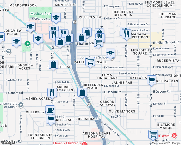 map of restaurants, bars, coffee shops, grocery stores, and more near 1902 East Weldon Avenue in Phoenix