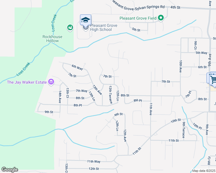 map of restaurants, bars, coffee shops, grocery stores, and more near 722 12th Terrace in Pleasant Grove