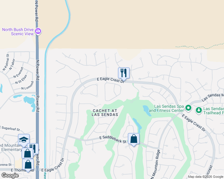 map of restaurants, bars, coffee shops, grocery stores, and more near Unnamed Road in Mesa