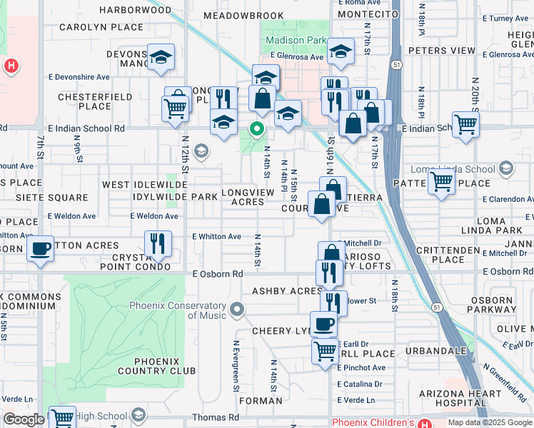 map of restaurants, bars, coffee shops, grocery stores, and more near 1410 East Weldon Avenue in Phoenix