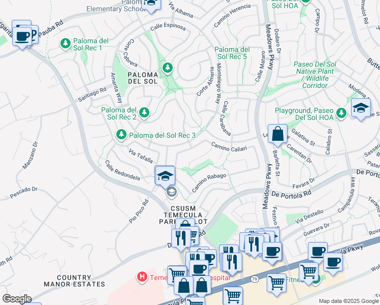 map of restaurants, bars, coffee shops, grocery stores, and more near 31957 Calle Galarza in Temecula