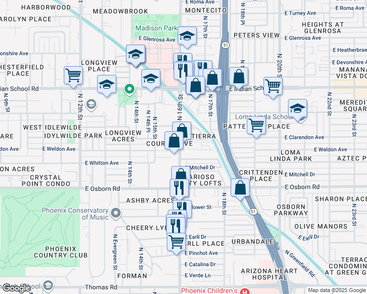 map of restaurants, bars, coffee shops, grocery stores, and more near 3625 North 16th Street in Phoenix