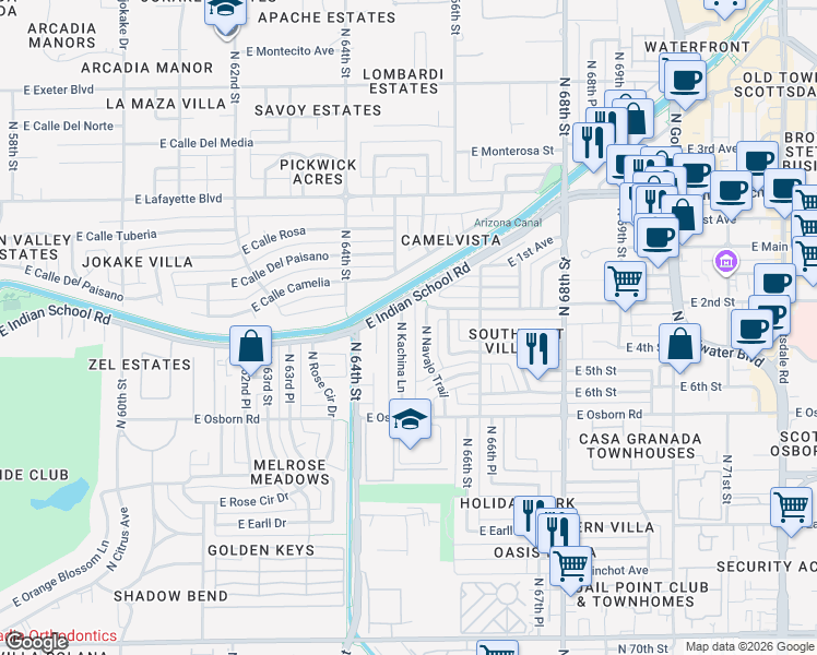 map of restaurants, bars, coffee shops, grocery stores, and more near 3632 North Navajo Trail in Scottsdale