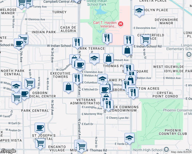 map of restaurants, bars, coffee shops, grocery stores, and more near 67 East Weldon Avenue in Phoenix