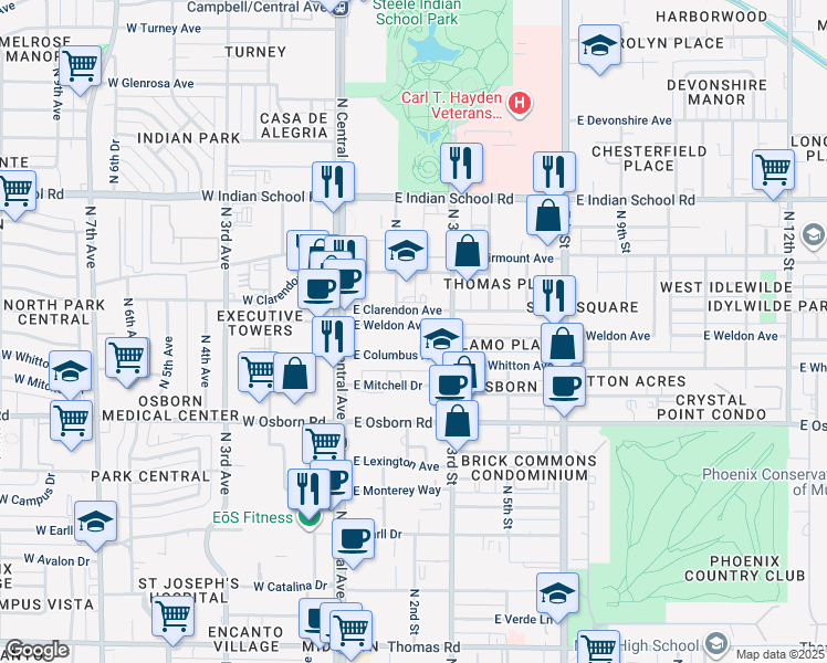 map of restaurants, bars, coffee shops, grocery stores, and more near 67 East Weldon Avenue in Phoenix