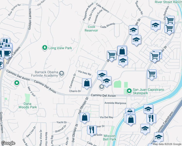 map of restaurants, bars, coffee shops, grocery stores, and more near 25611 Via Inez Road in San Juan Capistrano
