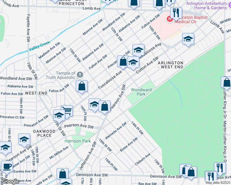 map of restaurants, bars, coffee shops, grocery stores, and more near 1417 Cotton Avenue Southwest in Birmingham