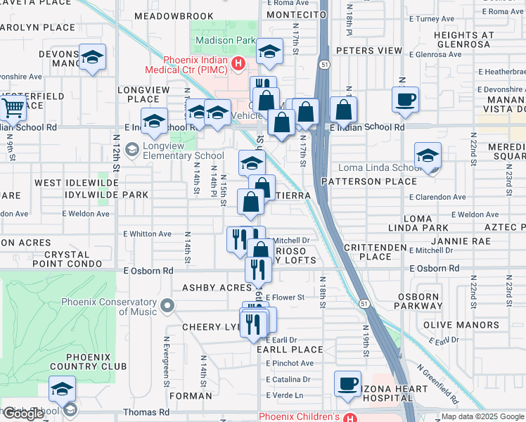 map of restaurants, bars, coffee shops, grocery stores, and more near 3625 North 16th Street in Phoenix