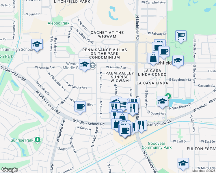 map of restaurants, bars, coffee shops, grocery stores, and more near 16308 West Indianola Avenue in Goodyear