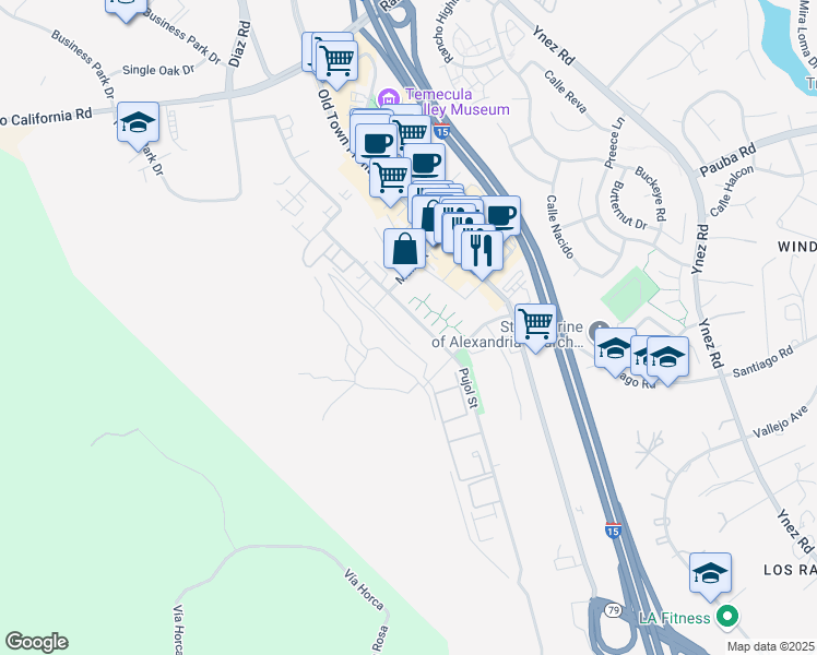map of restaurants, bars, coffee shops, grocery stores, and more near 28701 Pujol Street in Temecula