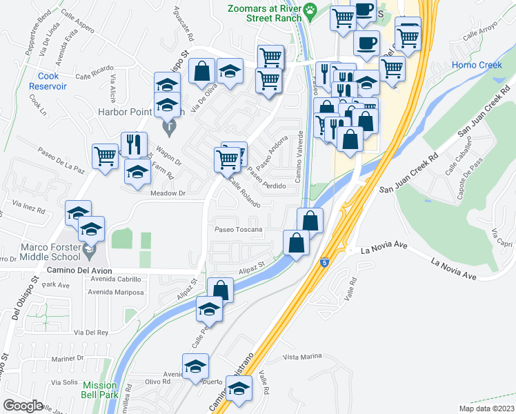 map of restaurants, bars, coffee shops, grocery stores, and more near 26422 Calle Rolando in San Juan Capistrano