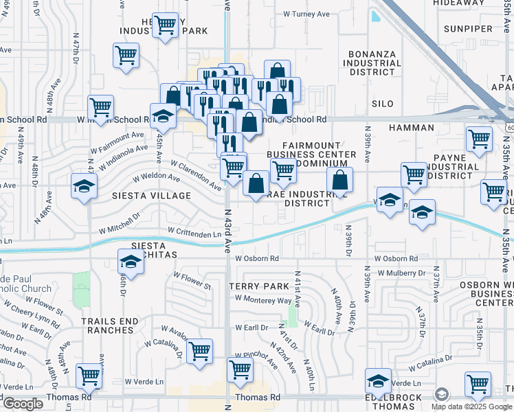 map of restaurants, bars, coffee shops, grocery stores, and more near 3542 North 42nd Avenue in Phoenix